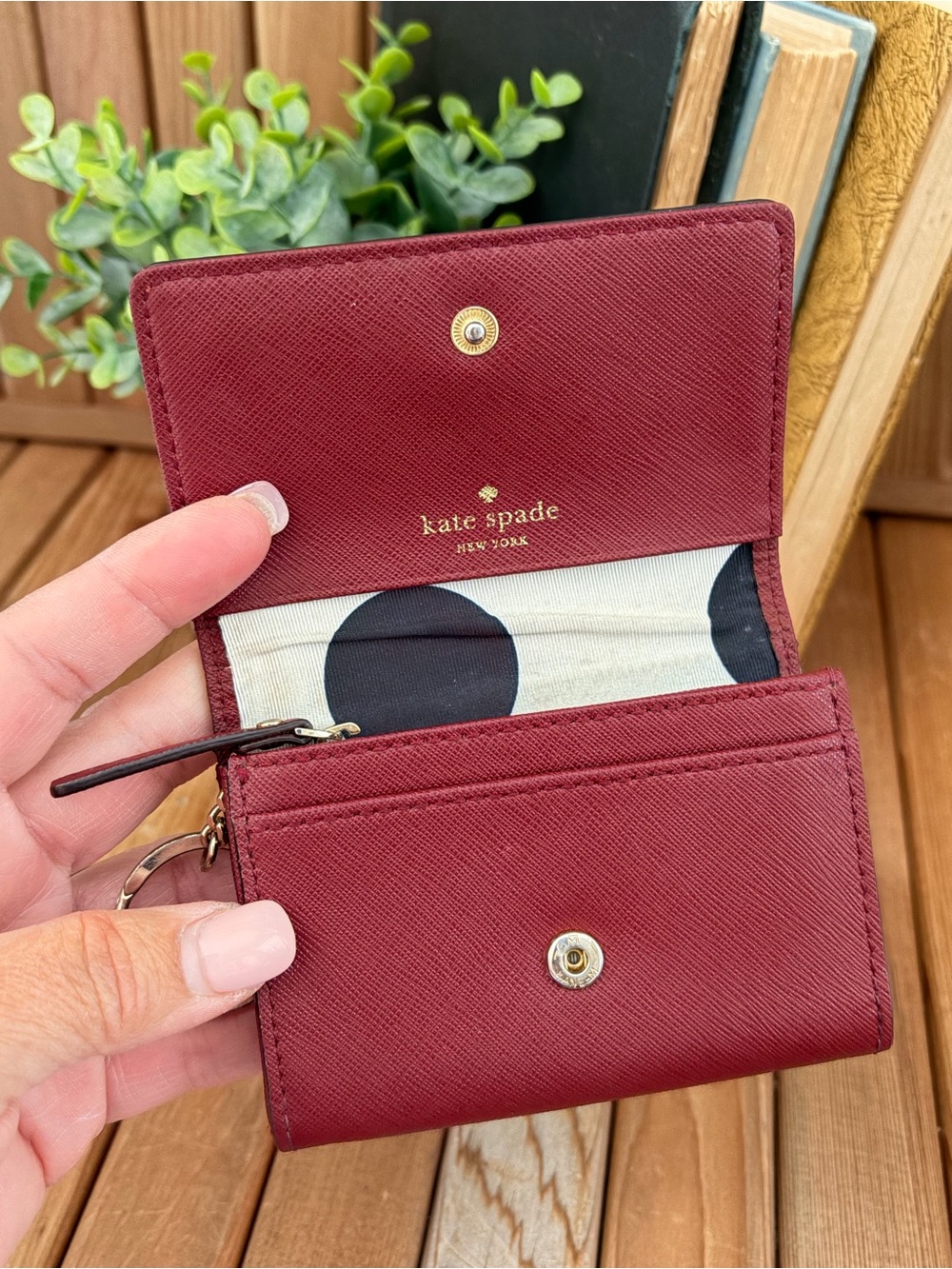 Kate Spade, Dark Cherry Red Saffiano Leather Key Card Wallet, Polka Dot Interior - Picture 7 of 8